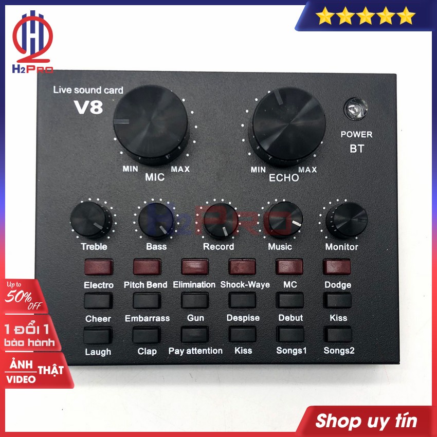 Sound card livestream v8 Bluetooth H2PRO cao cấp có AUTO-Tune (1 bộ), thu âm chuyên nghiệp, hát karaoke (tặng 3 dây 60k)