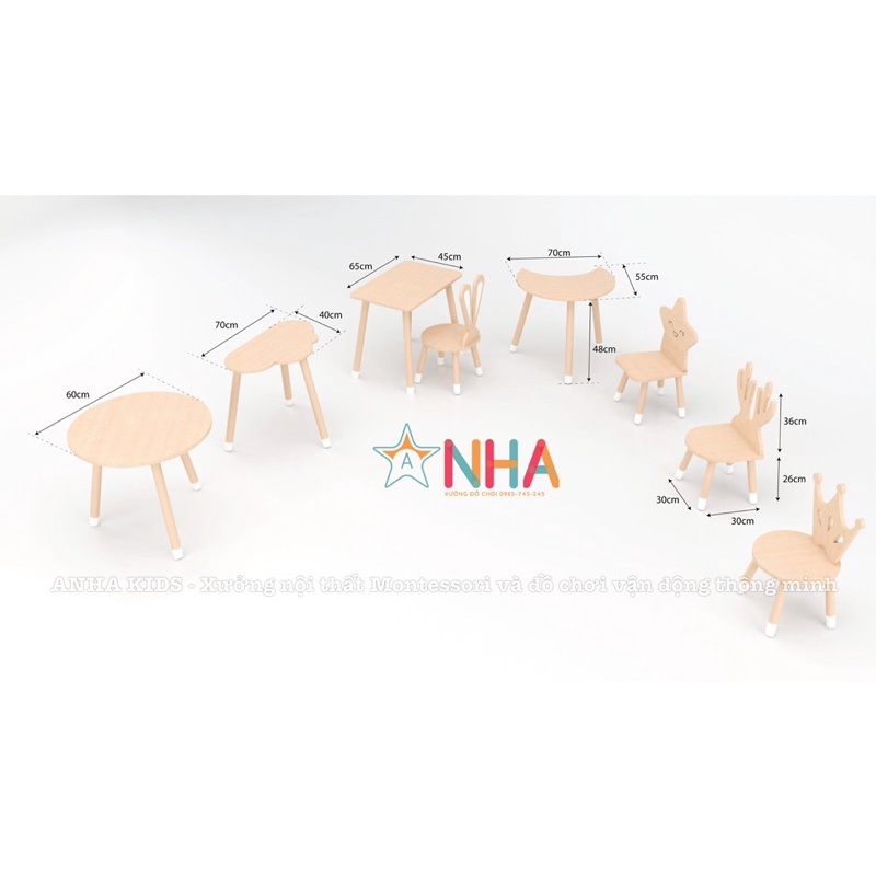 Bộ bàn ghế gỗ Montessori trẻ em, học tập cho bé.