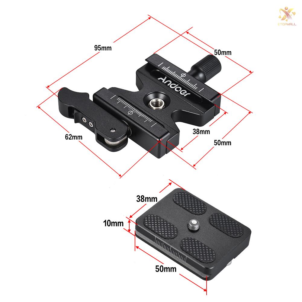 ET Andoer CL-50LS Aluminum Alloy Quick Release Clamp and Quick Release Plate with Adjustable Lever Knob-Type 1/4&quot; &amp; 3/8&quot; Screw Hole Compatible for Arca Swiss Standard Quick Release Plate Ball Head Tripod