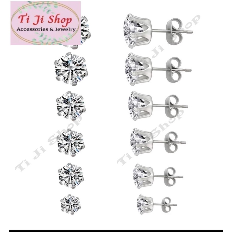Bông tai inox đá tròn màu trắng  cao cấp không đen, không gỉ sét,  không dị ứng
