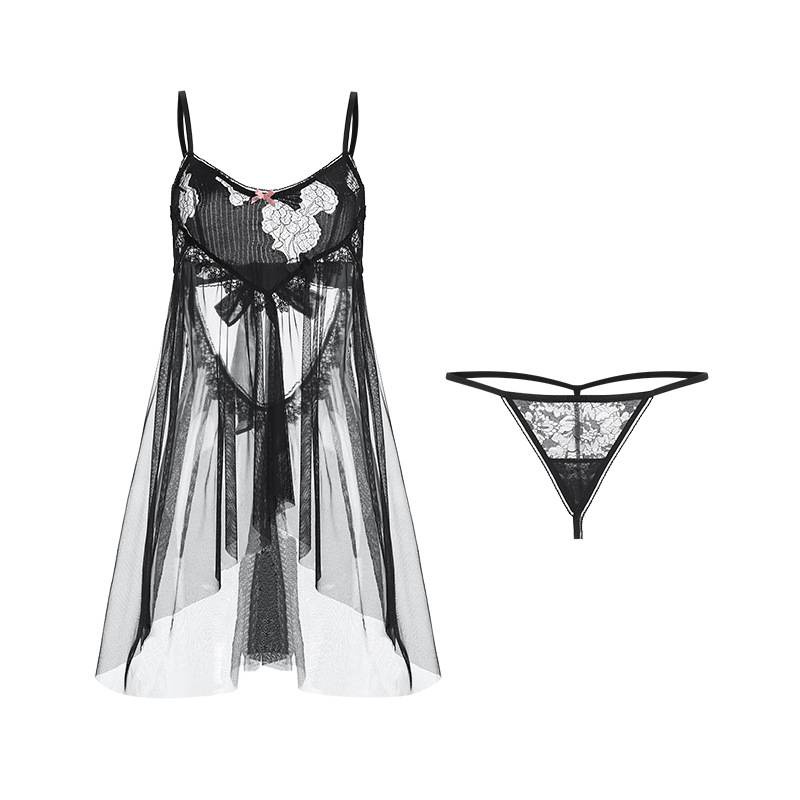 Bộ đồ ngủ hai dây phối ren lưới cổ chữ V khoét sâu đính nơ quyến rũ cho nữ
