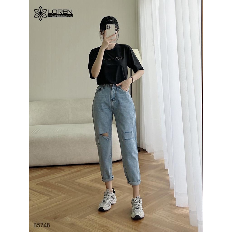 Quần jean baggy LOREN rách gối tua xanh B5748