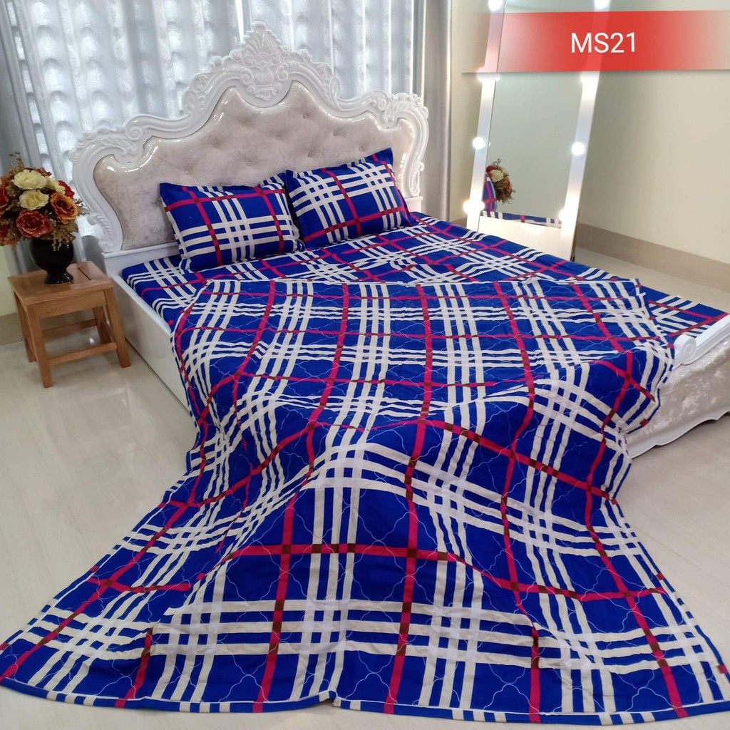 [1m6x2m]Xả kho thu hồi vốn 1 drap 2 vỏ gối nằm mẫu kẻ xanh hồng