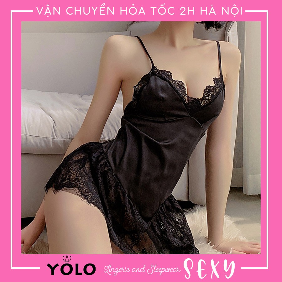 Váy ngủ 2 dây satin cao cấp ngực viền ren, đầm ngủ sexy mặc nhà gợi cảm