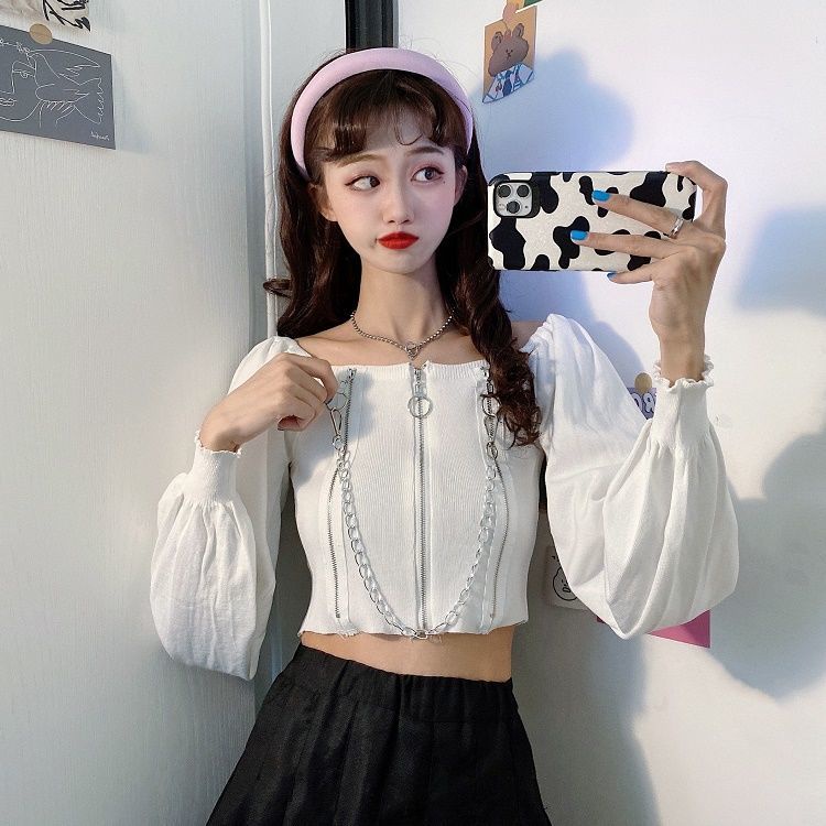 Áo Dệt Kim Tay Dài Trễ Vai Phối Dây Xích Dáng Ngắn Phong Cách Hồng Kông Cổ Điển Thời Trang 2022