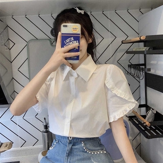 Áo sơ mi cho nữ màu trắng kiểu croptop có cổ tay bồng phong cách tiểu thư