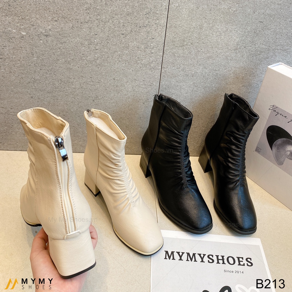 B213 Boot da lì chun nhăn khóa sau gót vuông 5p