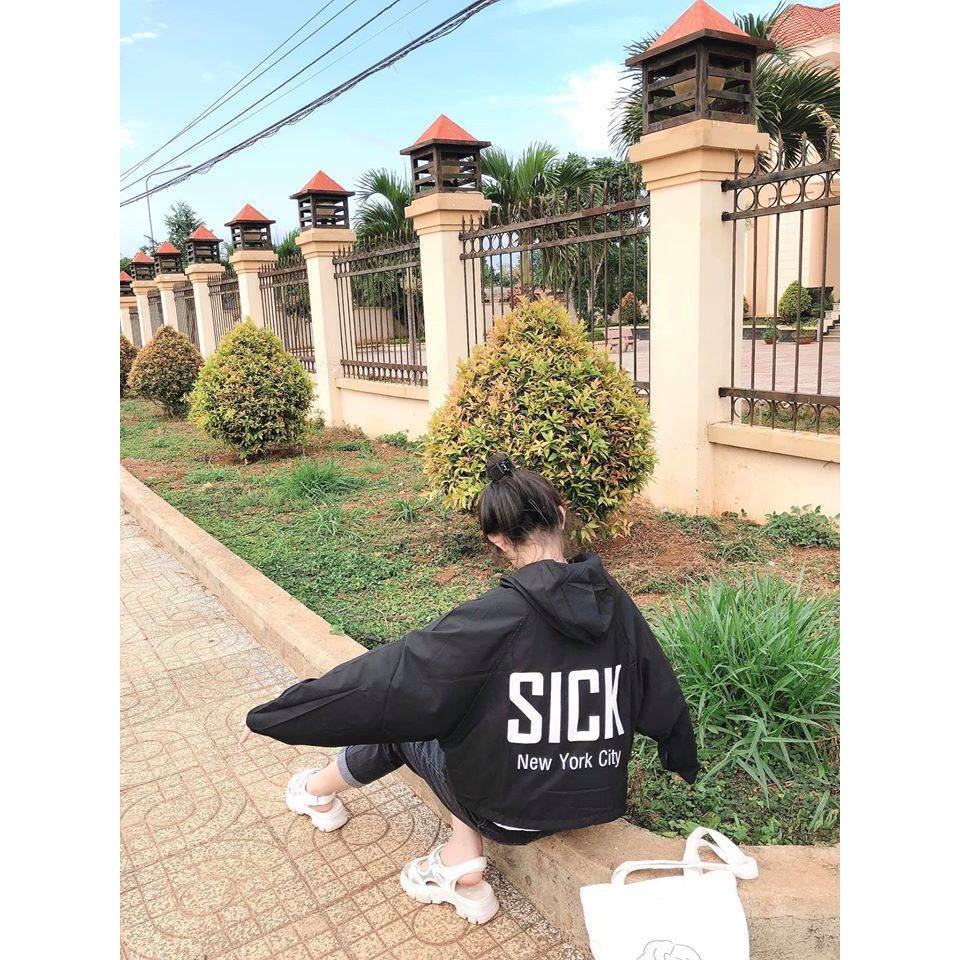 Áo khoác dù croptop1 lớp form lững chữ Sick có nón