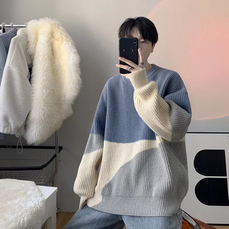 Áo Sweater Dệt Kim Dày Dặn Dáng Rộng Cổ Tròn Màu Tương Phản Thời Trang Thu Đông Cho Nam