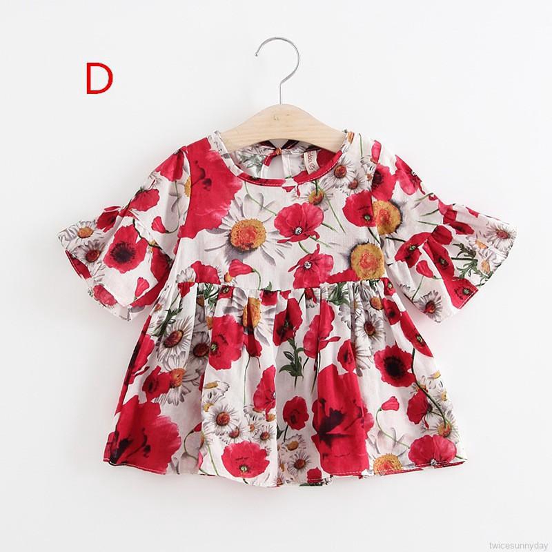 Đầm cotton mỏng tay ngắn loe in họa tiết hoa phong cách retro mùa hè xinh xắn cho bé gái