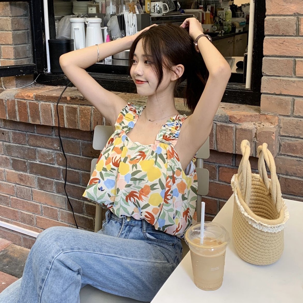 Áo Hai Dây Dáng Ôm In Hoa Thời Trang Mùa Hè Phong Cách Hàn Quốc Cho Nữ