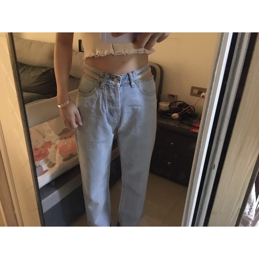 Quần jeans nữ lưng cao ống suông phối eo cá tính