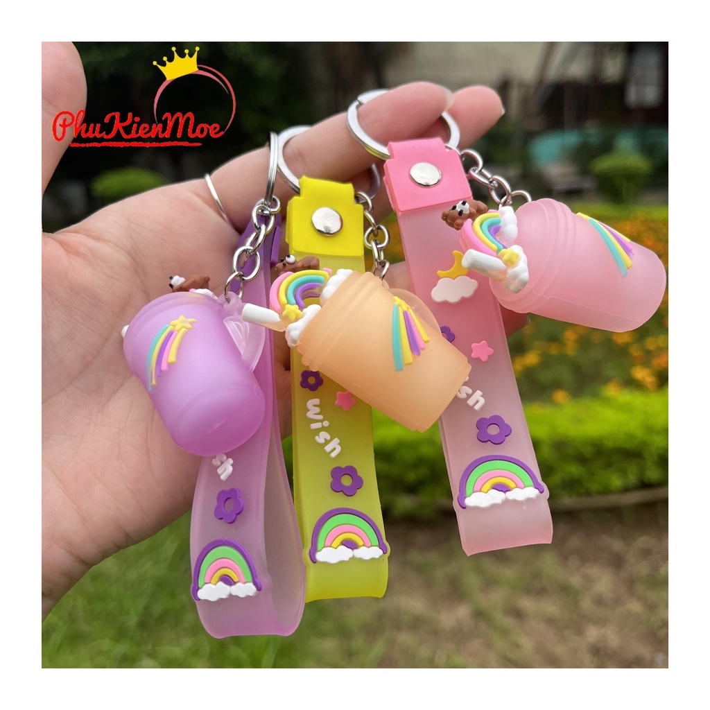 Móc chìa khoá hình trà sữa mini cầu vồng loại cao su cao cấp PhuKienMoe handmade, ibx để chọn màu