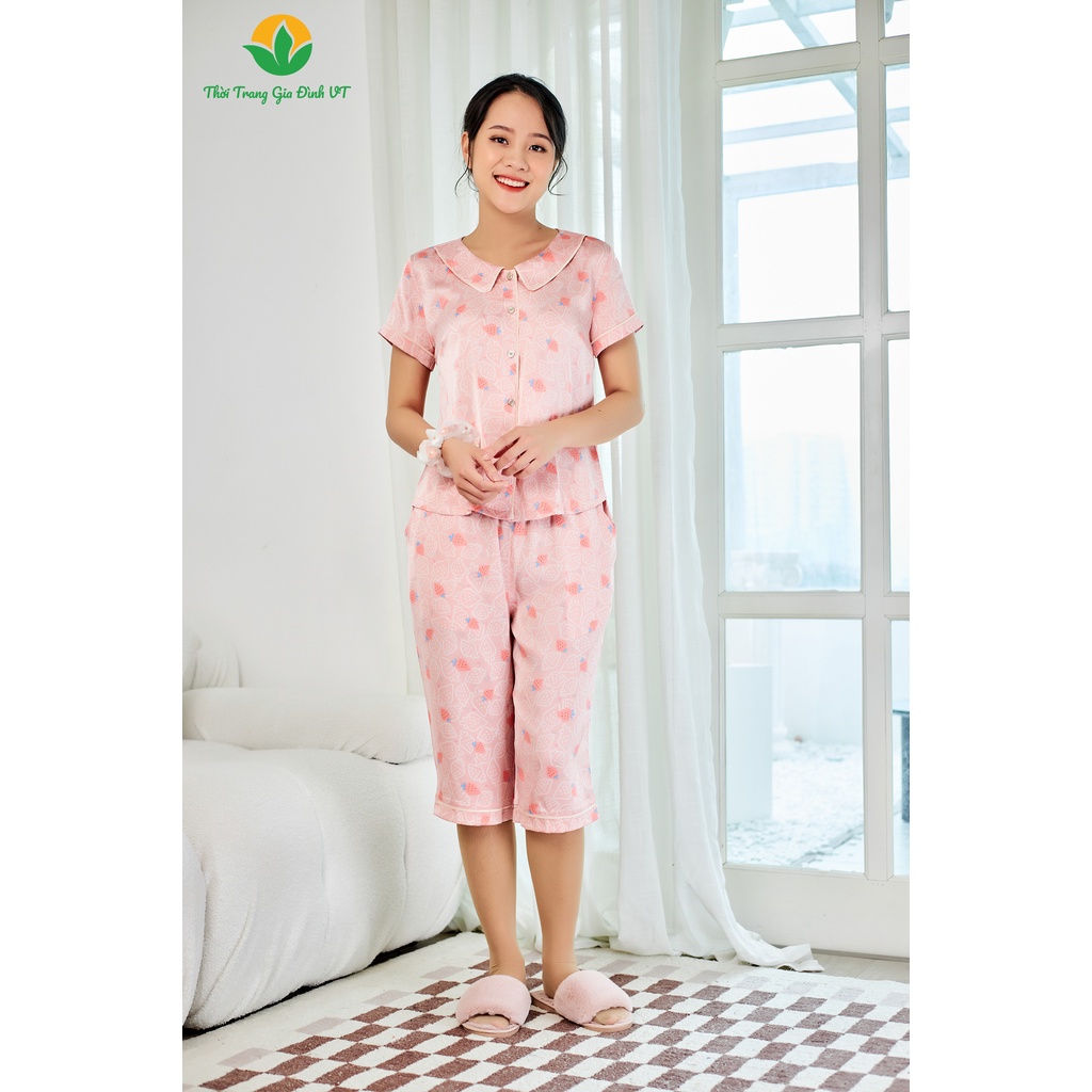 Bộ pijama lụa quần lửng áo cộc tay Việt Thắng nữ họa tiết - B46.2206