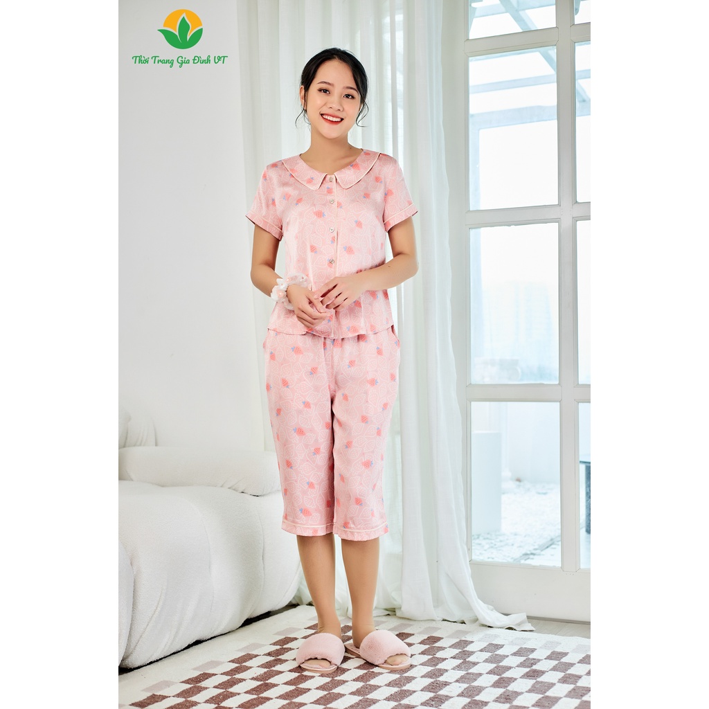 Bộ pijama lụa quần lửng áo cộc tay Việt Thắng nữ họa tiết - B46.2206