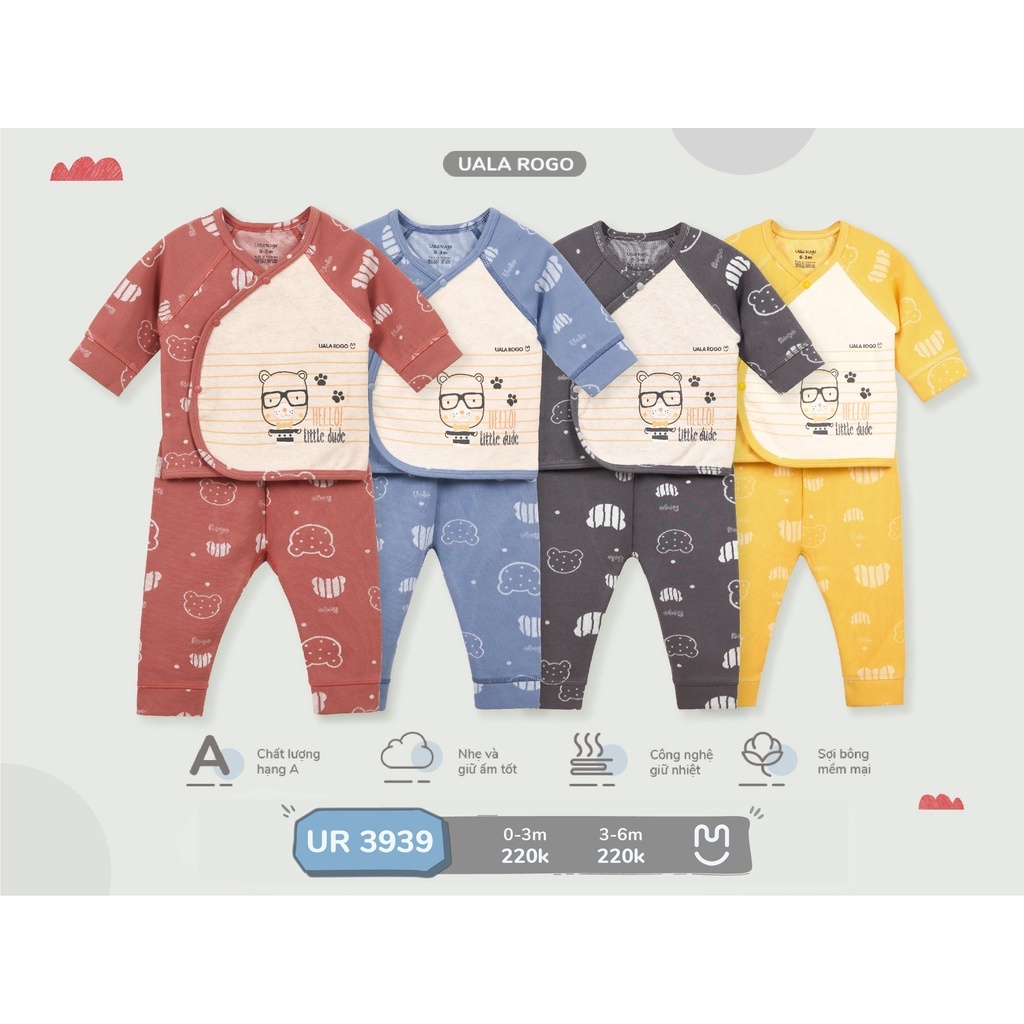 Bộ nỉ cúc chéo bé sơ sinh in hình chú gấu dễ thương