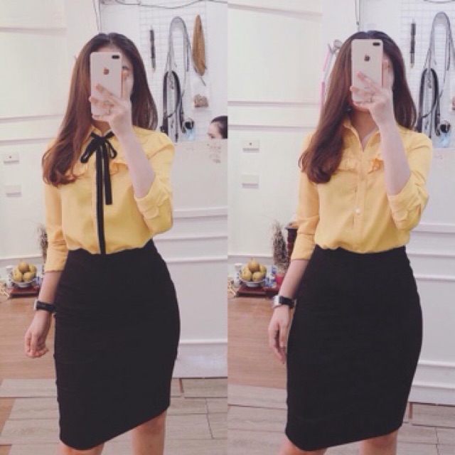 Áo Sơ mi nữ nơ viền bèo + Hình thật
