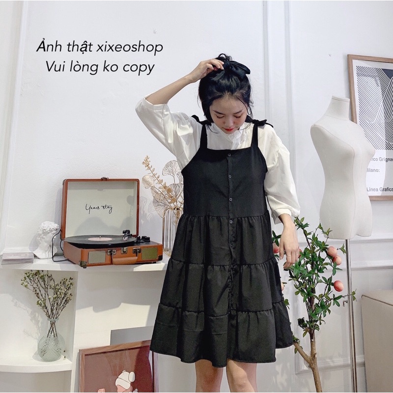 Váy yếm nữ kèm áo sơ mi trắng phong cách Hàn Quốc xixeoshop - v1 | BigBuy360 - bigbuy360.vn