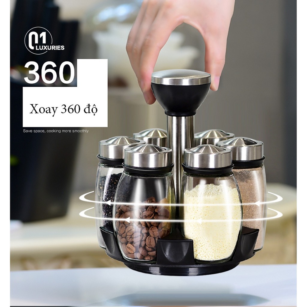 [CHÍNH HÃNG]Bộ 6 lọ đựng gia vị thủy tinh kèm giá để xoay 360 độ | BigBuy360 - bigbuy360.vn