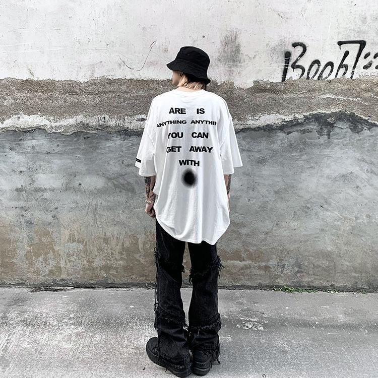 Ông. Áo Thun Đen Tay Lỡ Dáng Rộng Họa Tiết Graffiti Phong Cách Đường Phố Cho Nam