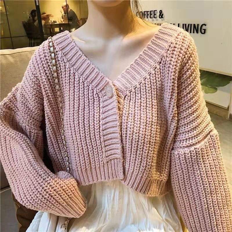Áo Khoác len Móc Croptop Cổ Tim Tay Phồng Phong Cách Hàn Quốc | Smide Clothing