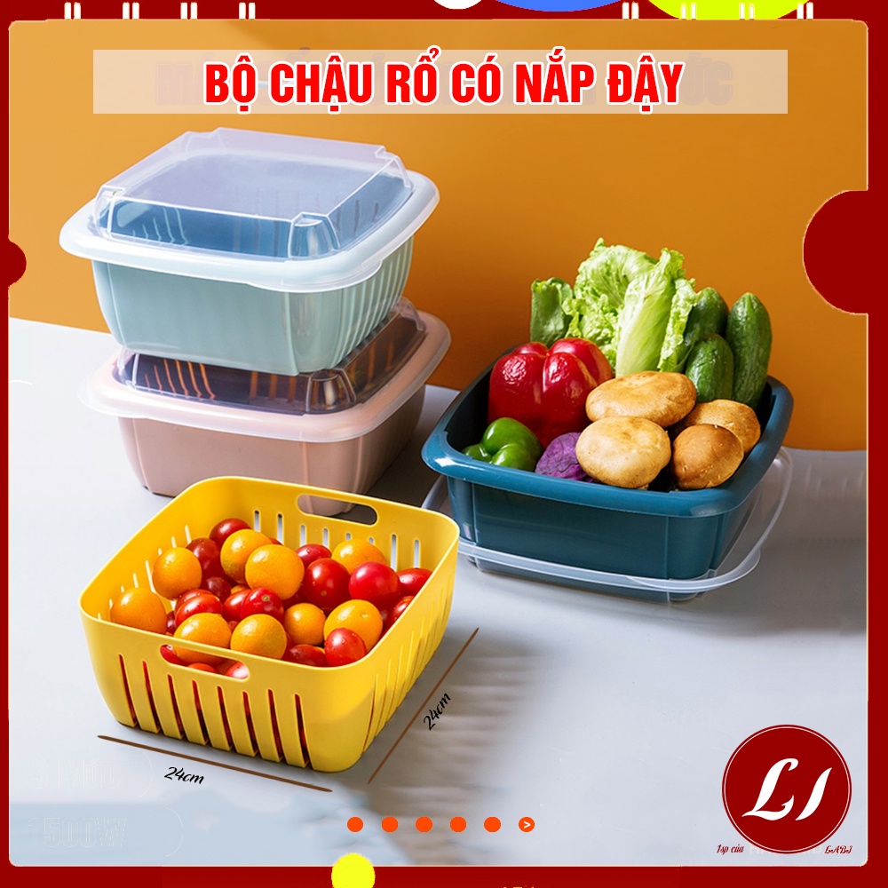 Bộ chậu rổ nhựa có nắp đậy 3 trong 1 đa năng, tiện lợi (24x24cm)