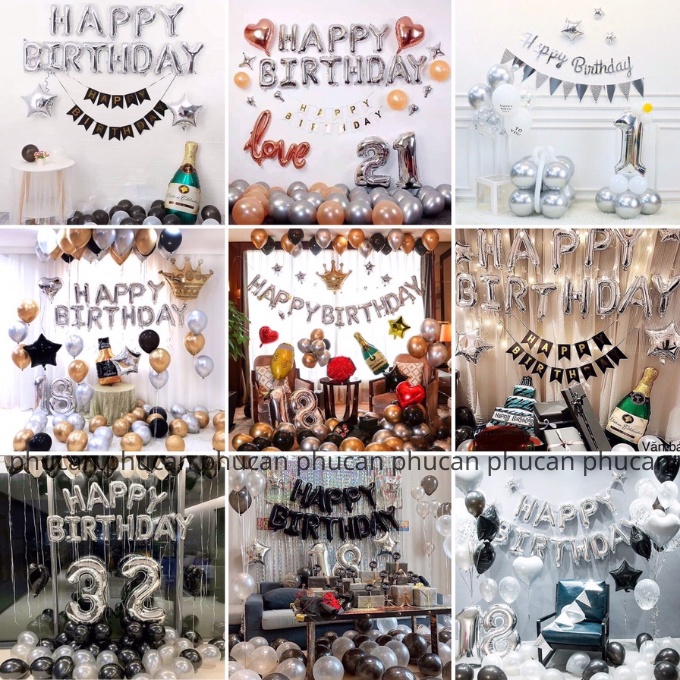 [Ảnh thật] Set trang trí sinh nhật. happy birthday tone trắng bạc xám tinh tế TẶNG KÈM bơm bóng, keo dán tùy combo