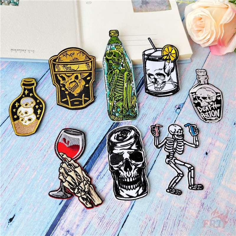 ☸ Đầu Lâu Punk - Miếng Dán Sắt Uống ☸ 1 Sticker Ủi Thêu Hình Ly Rượu Vang
