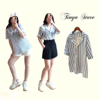 Áo sơ mi nữ, áo sơ mi kẻ sọc to ngắn tay form rộng chất thô mỏng mát, style hàn quốc tinya store