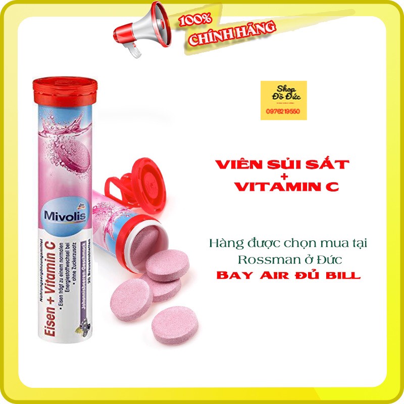 Viên sủi bổ sung Sắt Vitamin C Mivolis Eisen + Vitamin C ống 20 viên Đức