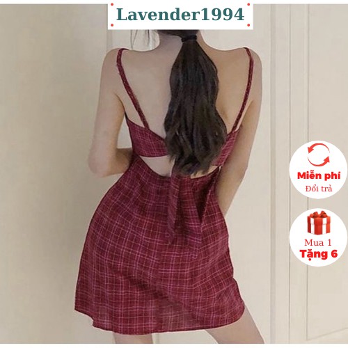 Váy 2 dây kẻ đỏ- Váy 2 dây thắt nơ sau lưng phù hợp đi chơi, đi biển tắm nắng- cực xinh cực cute