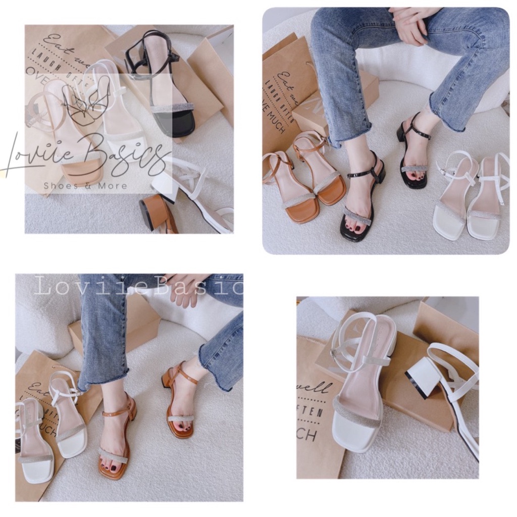 SANDAL CAO GÓT LOVIIE BASICS - GIÀY THỜI TRANG QUAI NGANG ĐÍNH ĐÁ - GUỐC NỮ MŨI VUÔNG 5 PHÂN G220920