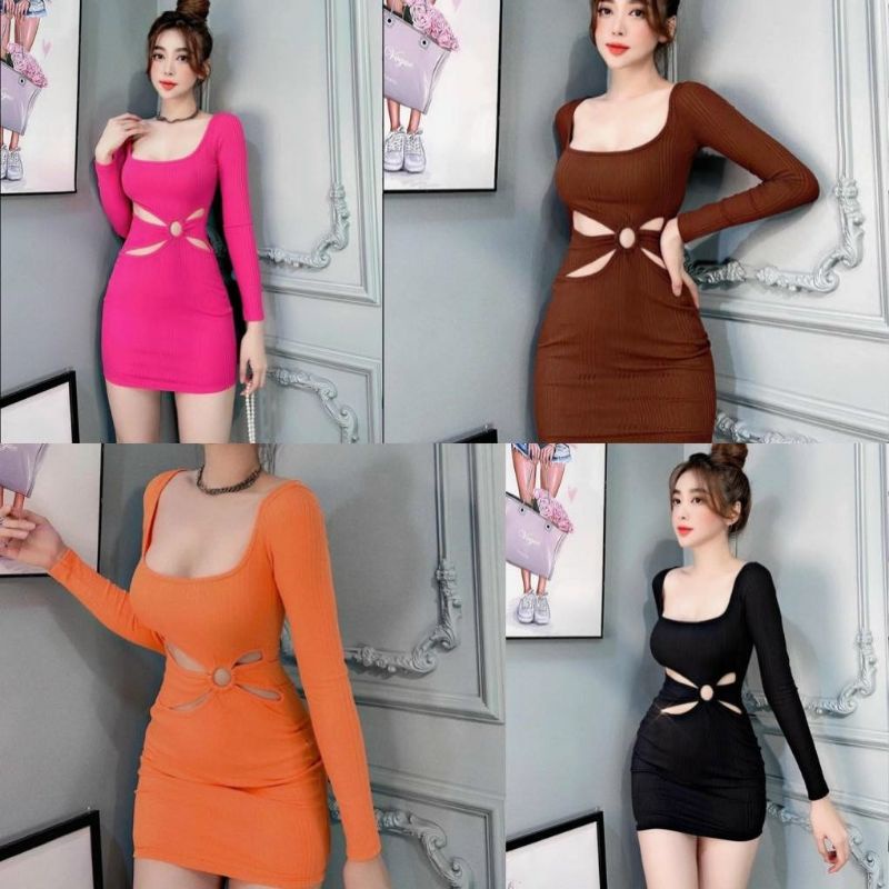Đầm Thun Eo Khoen Khoét Hở Bông Hoa - Cổ U Tay Dài Dáng Ngắn - Form Ôm Body Sexy
