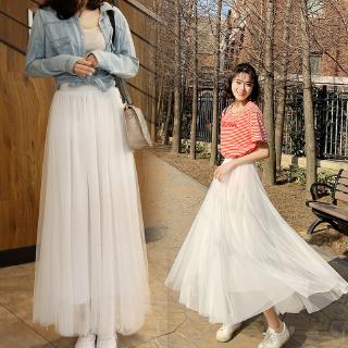 Thời trang nữ 3 lớp Váy vải tuyn màu hồng co giãn eo cao lưới Tutu xếp ly Váy Maxi dài