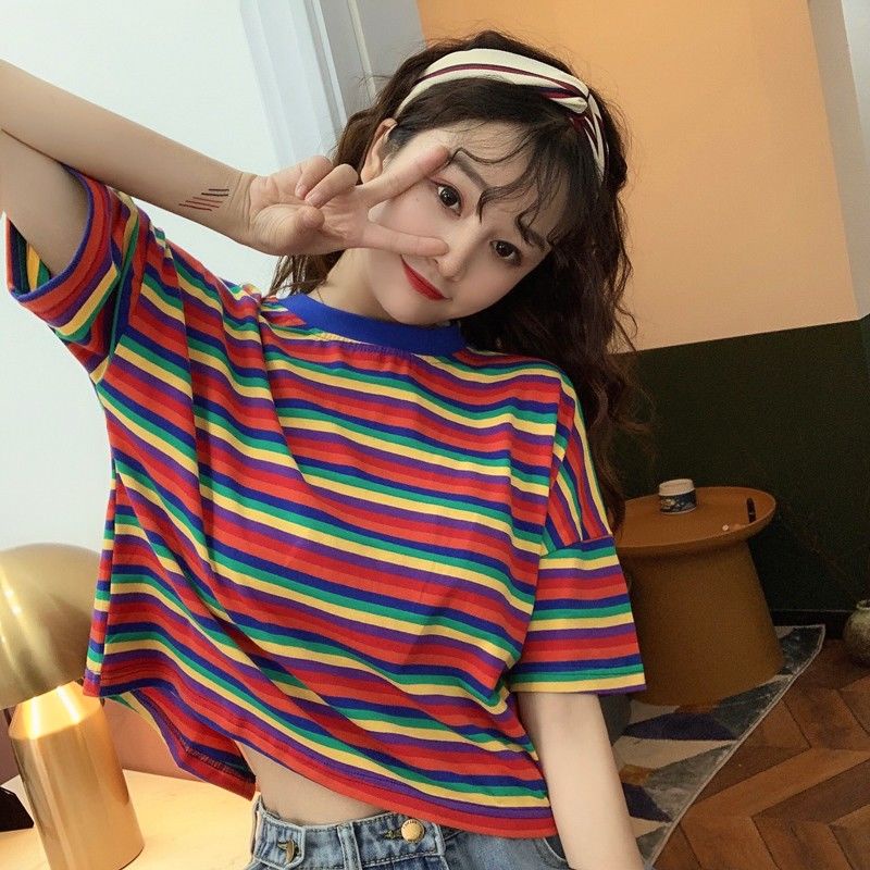 Áo Thun Tay Ngắn Dáng Rộng Họa Tiết Kẻ Sọc Cầu Vồng Phong Cách Hàn Quốc Thời Trang Mùa Hè 2022 Mới