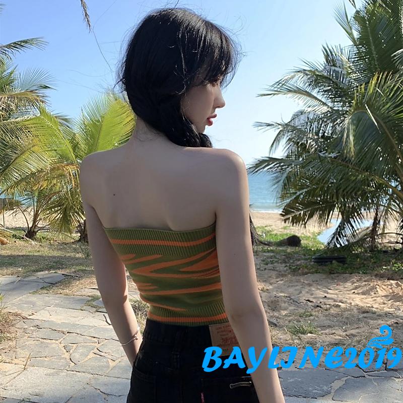 Áo Croptop Dệt Kim Không Tay Hở Vai Họa Tiết Kẻ Sọc Màu Xanh Lá Thời Trang Đường Phố Cho Nữ