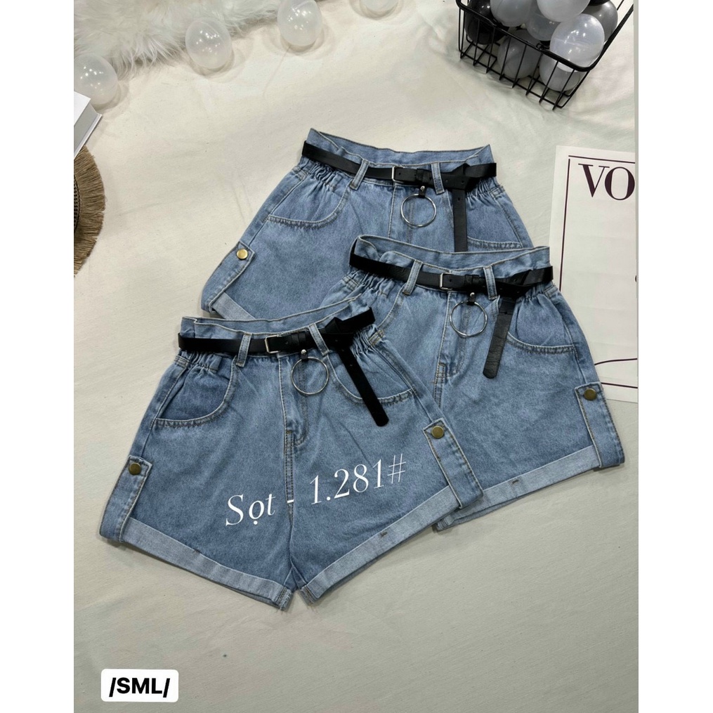 Quần short kaki nữ lưng cao, quần đùi jean cạp cao ống rộng sắn gấu C3