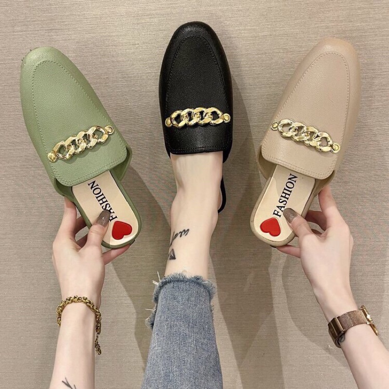 Dép sục nữ thời trang gắn xích 3 màu đen,kem,cam