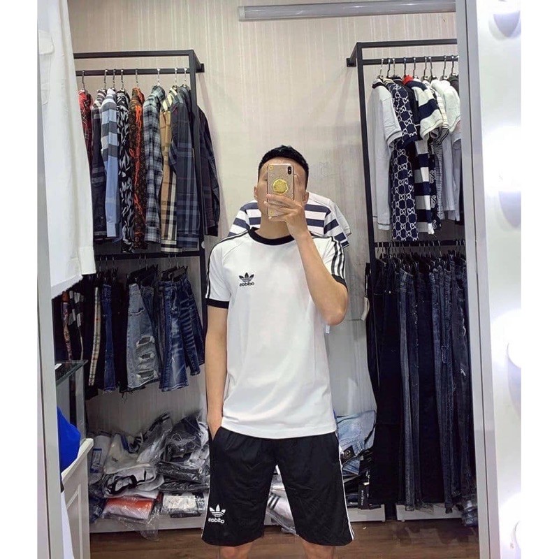 [Siêu Phẩm Y Hình]- Bộ thể thao nam cổ tròn viền đen áo trắng quần 3 sọc | BigBuy360 - bigbuy360.vn