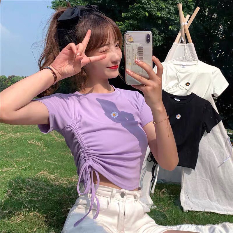 Áo croptop rút dây  một bên cao cấp thêu hoa cúc  siêu xinh 🤩