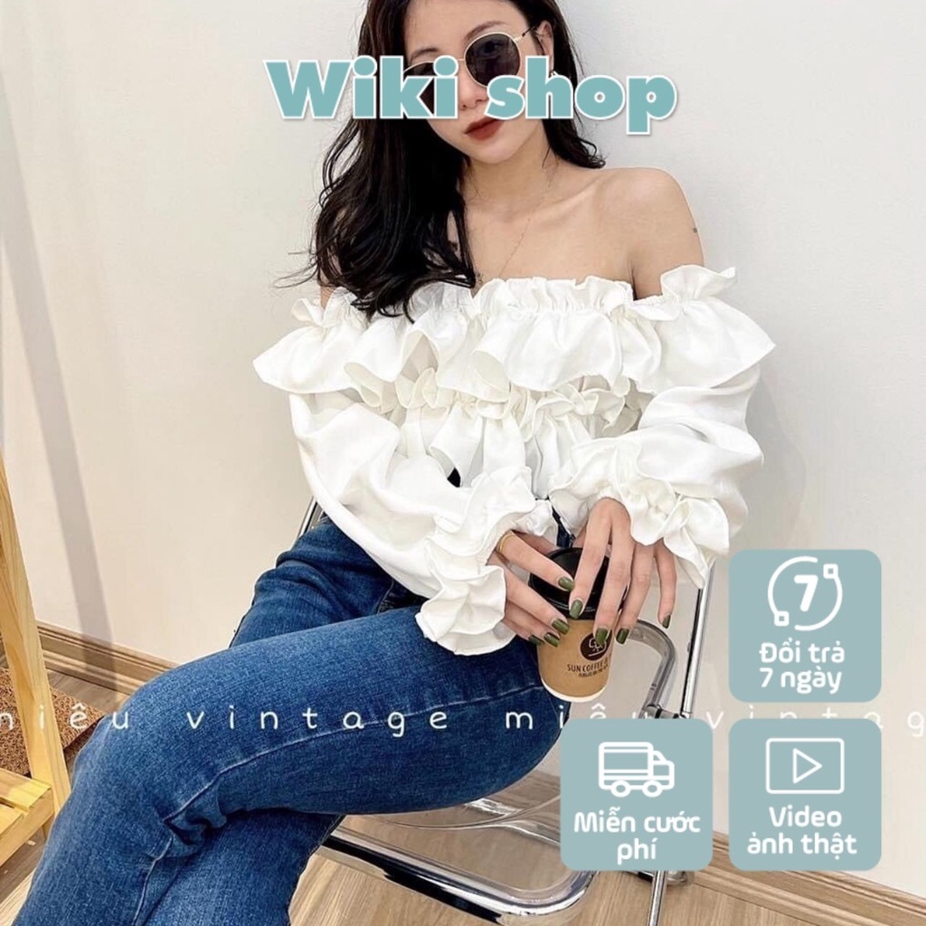 Áo croptop nữ dài tay trễ vai bèo trắng WIkishop freesize vải đũi lụa hở vai tôn eo phom ôm phong cách sexy C828