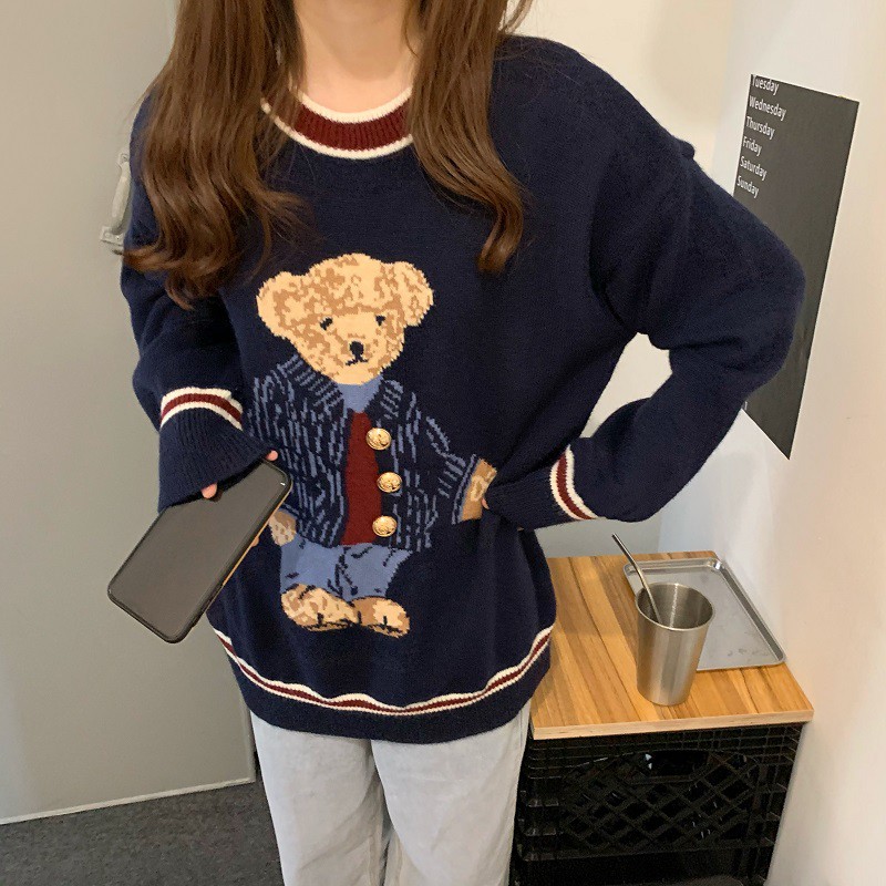 Áo sweater cổ tròn tay dài in hình hoạt hình xinh xắn dễ phối đồ phong cách Hàn Quốc cho nữ