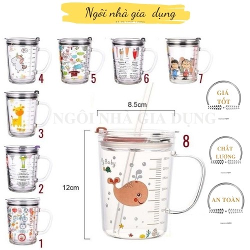 Cốc Giữ Nhiệt Cốc Thủy Tinh Pha Sữa Chia Vạch Kèm Ống Hút Cho Bé 350ml