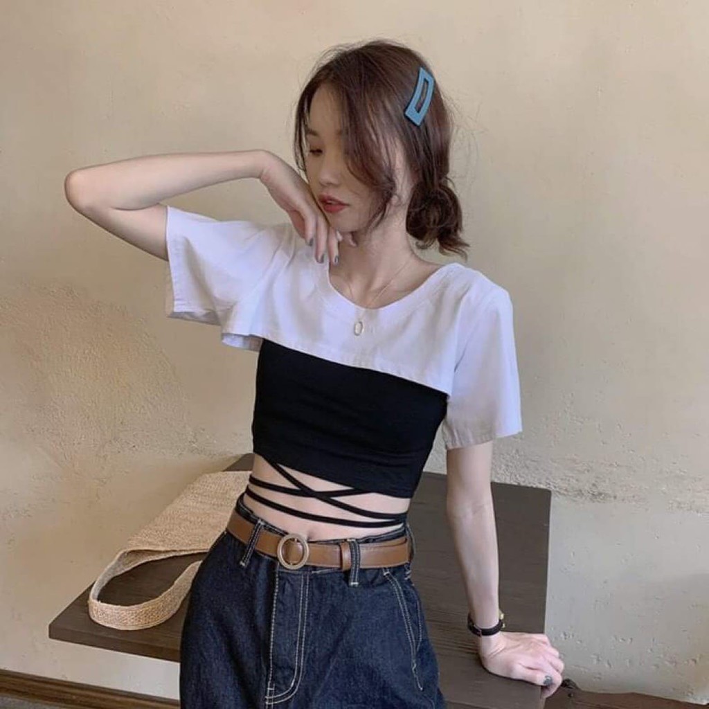 Áo croptop nữ dây eo, set áo thun croptop 2 món chất thun mát - VIETCEN