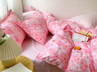 Sét ga gối cotton poly nhập ( Hồng hoa dâm bụt )