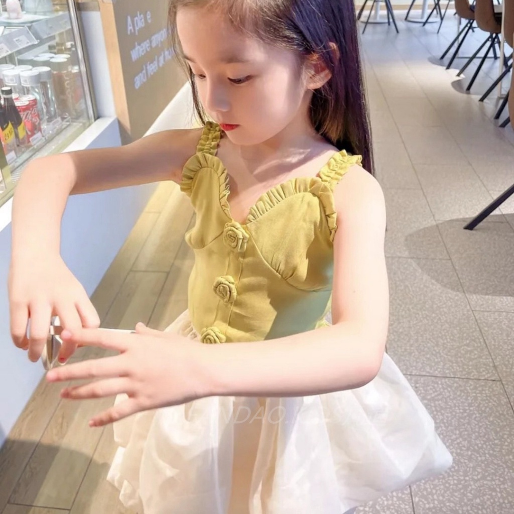 Set áo hai dây và chân váy lưới thời trang mùa hè mới cho bé gái