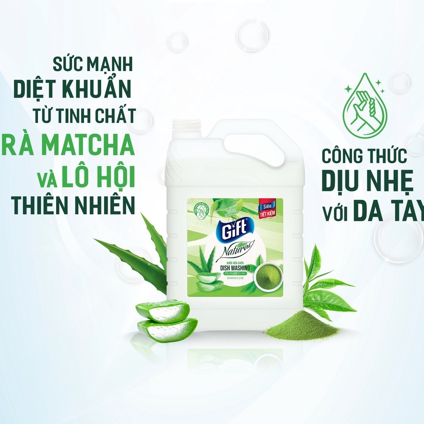 Nước rửa chén Gift Nature Matcha & Lô hội can 3kg8 Tiết kiệm Siêu khử tanh dịu da tay rửa chén/bát bọt nhiều