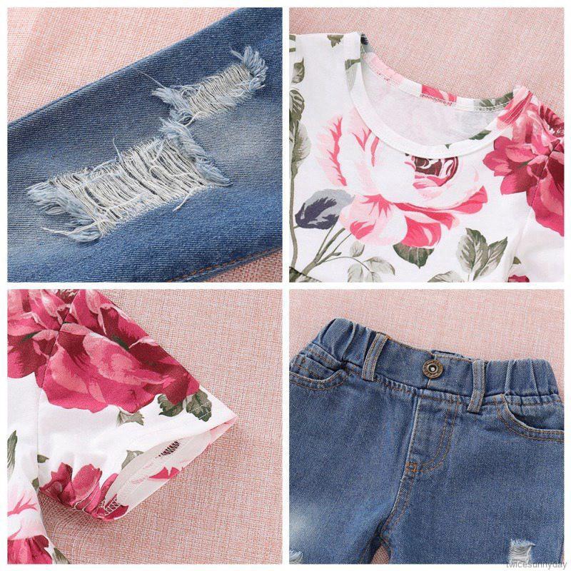 Set áo thun ngắn tay + quần Jean rách thời trang cho bé gái