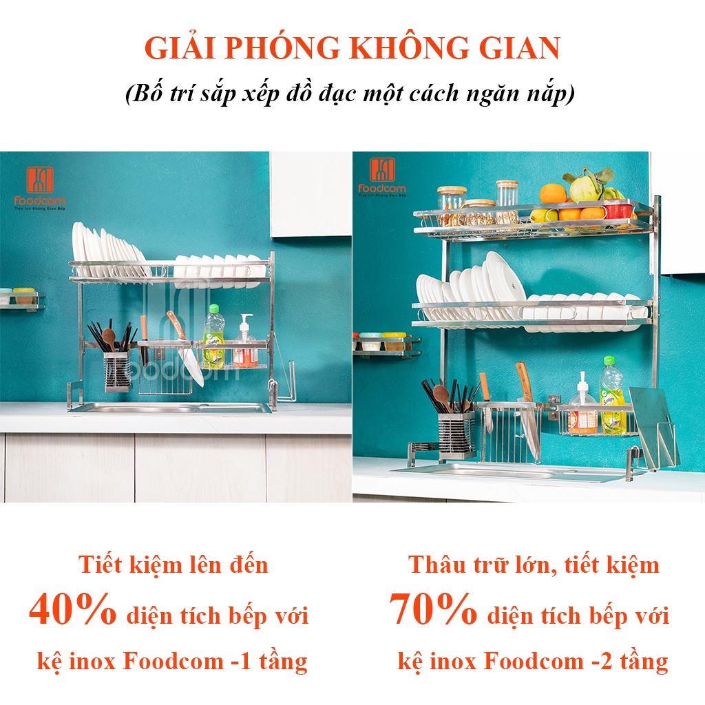 Kệ chén bát inox liền khối - cao cấp Foodcom - Made in VN 2 size - 1 tầng