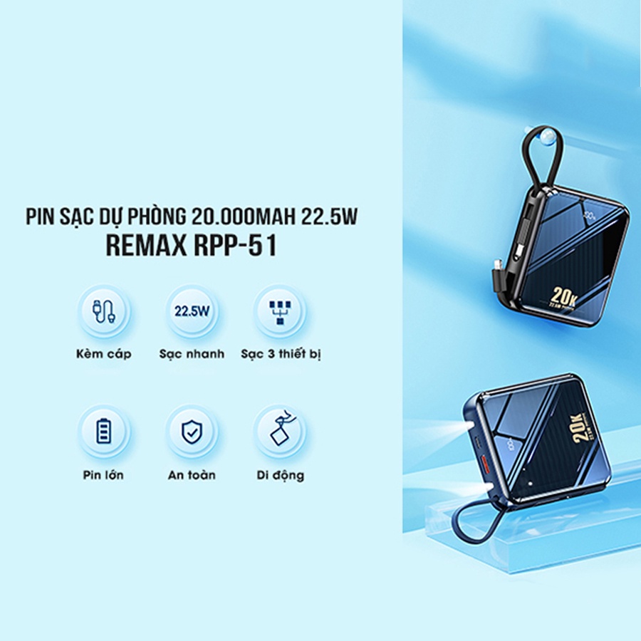 Pin Sạc Dự Phòng Kèm Cáp 20000mAh Remax Việt Nam RPP-51- PD 3.0 Remax Bảo Hành 12 Tháng 1 Đổi 1